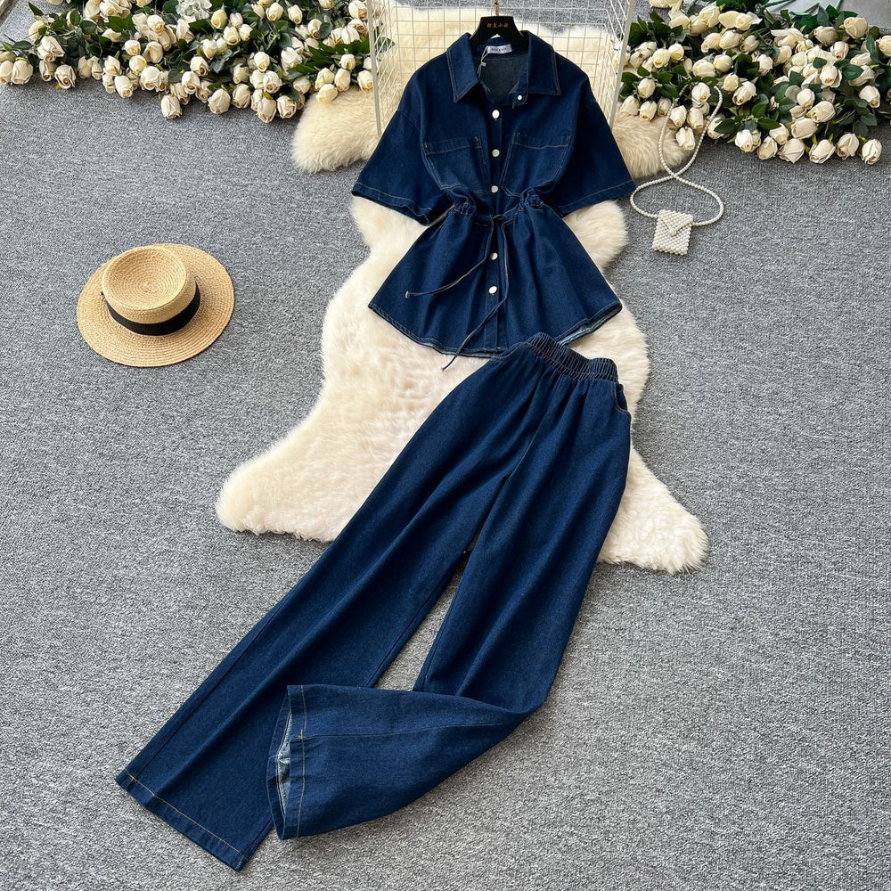Retro hot girl style denim suit women's summer drawstring polo collar shirt tops elastic waist wide leg silm pants
