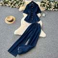 Retro hot girl style denim suit women's summer drawstring polo collar shirt tops elastic waist wide leg silm pants