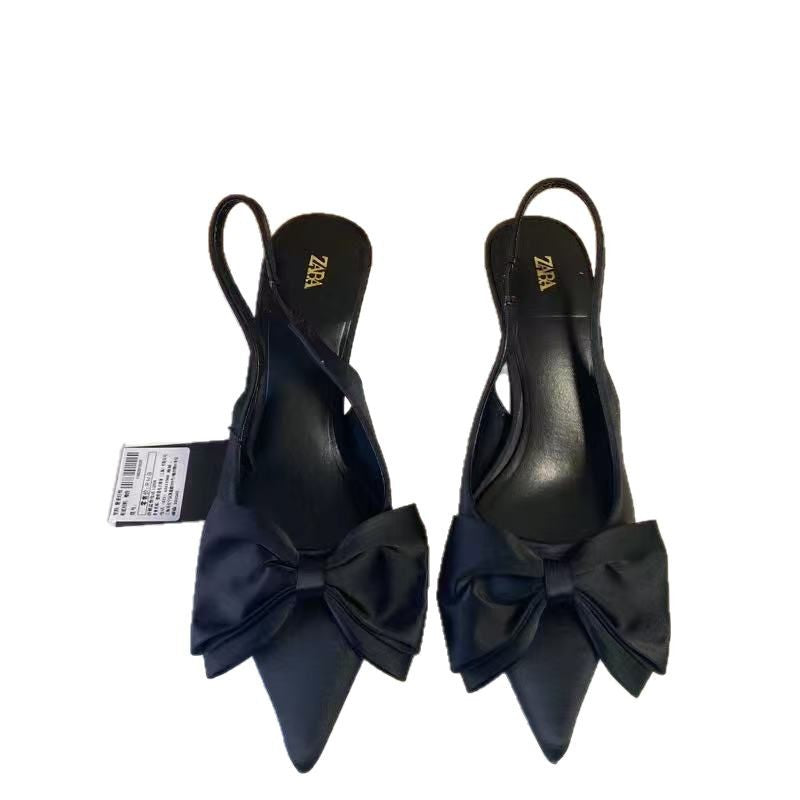 Za new 2024 spring low heel women's shoes - black stiletto pointed toe pumps with bow detail, open back fashion sandals