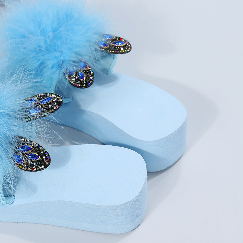 2024 summer new korean style ostrich feather one-strap flat sandals slippers women's plus size