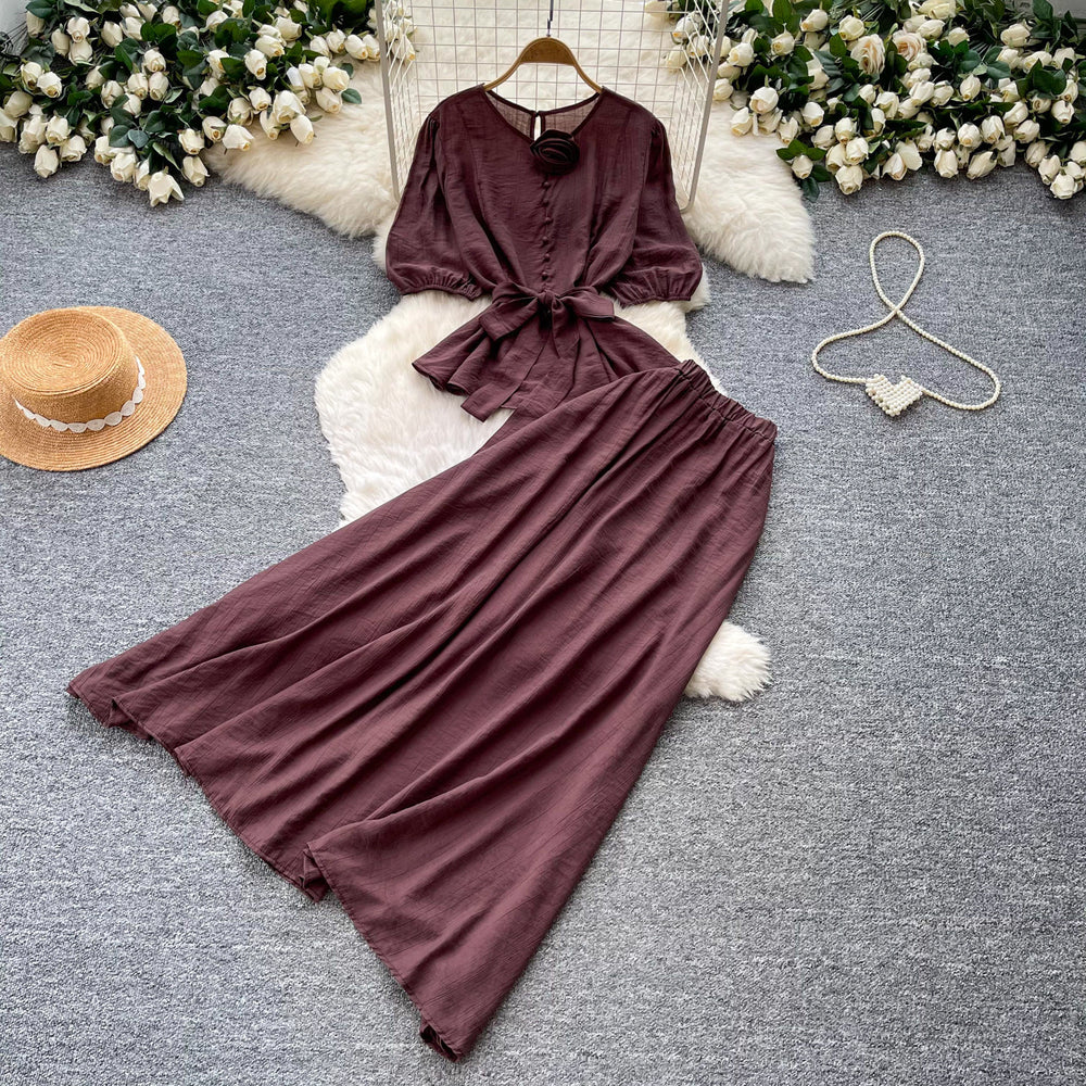 K-stylework clothing style lantern sleeve waist two-piece set female autumslimming lookhigh waist skirt red elegantsuit