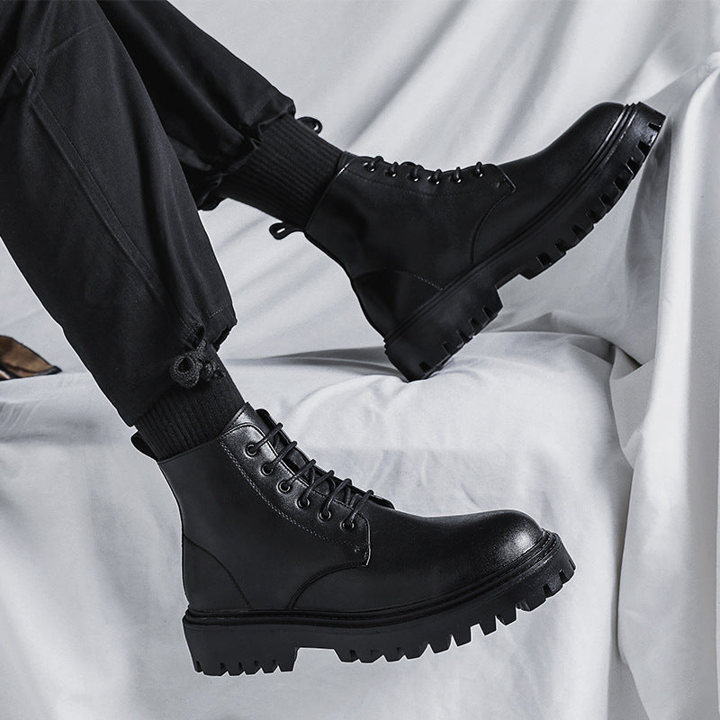 Popular martin boots for men, high-top trendy spring & fall british style, retro mid-top leather shoes, heightening black leather boots