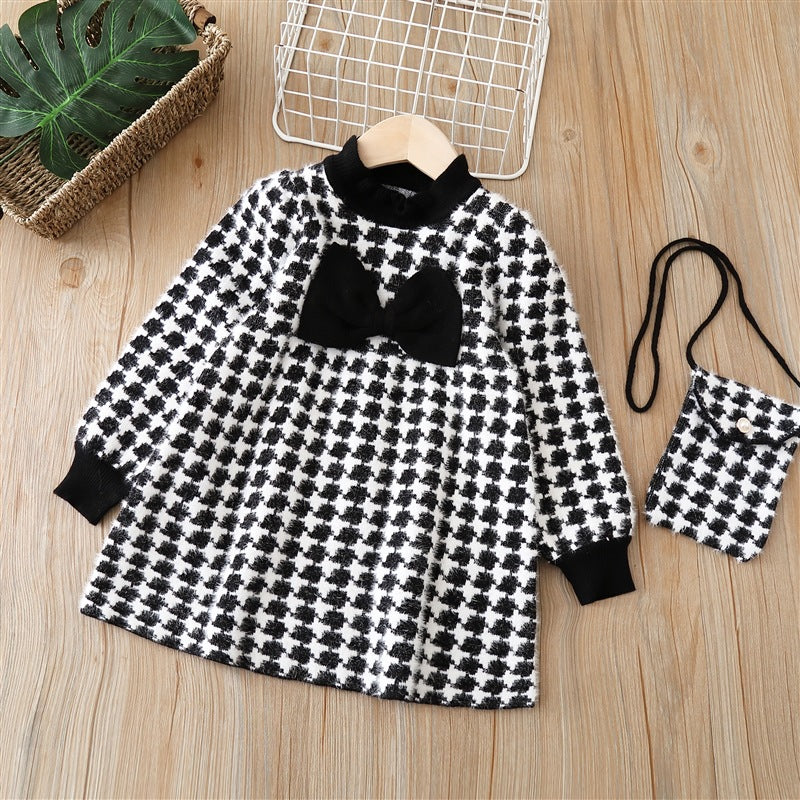 Girls' knit sweater dress with bag -  autumn/winter new arrival - houndstooth bowknot lace fashion dress