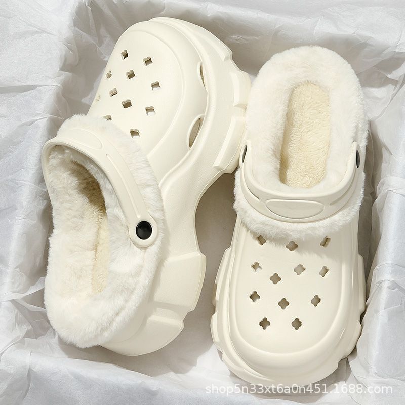 2024 cartoon cotton slippers for girls, new autumn/winter thick-soled, height-increasing, non-slip, two-wear style, fleece-lined warm fuzzy clogs