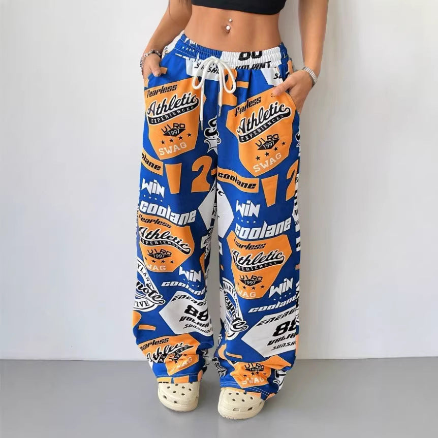Ready-to-ship  spring/summer european and american women's fashion: new hot girl style pocket streetwear printed loose fit casual pants