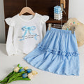 Girls' autumn skirt set for export: sky blue lace-trimmed skirt with round neck long-sleeve top and bow detail - two-piece outfit for children