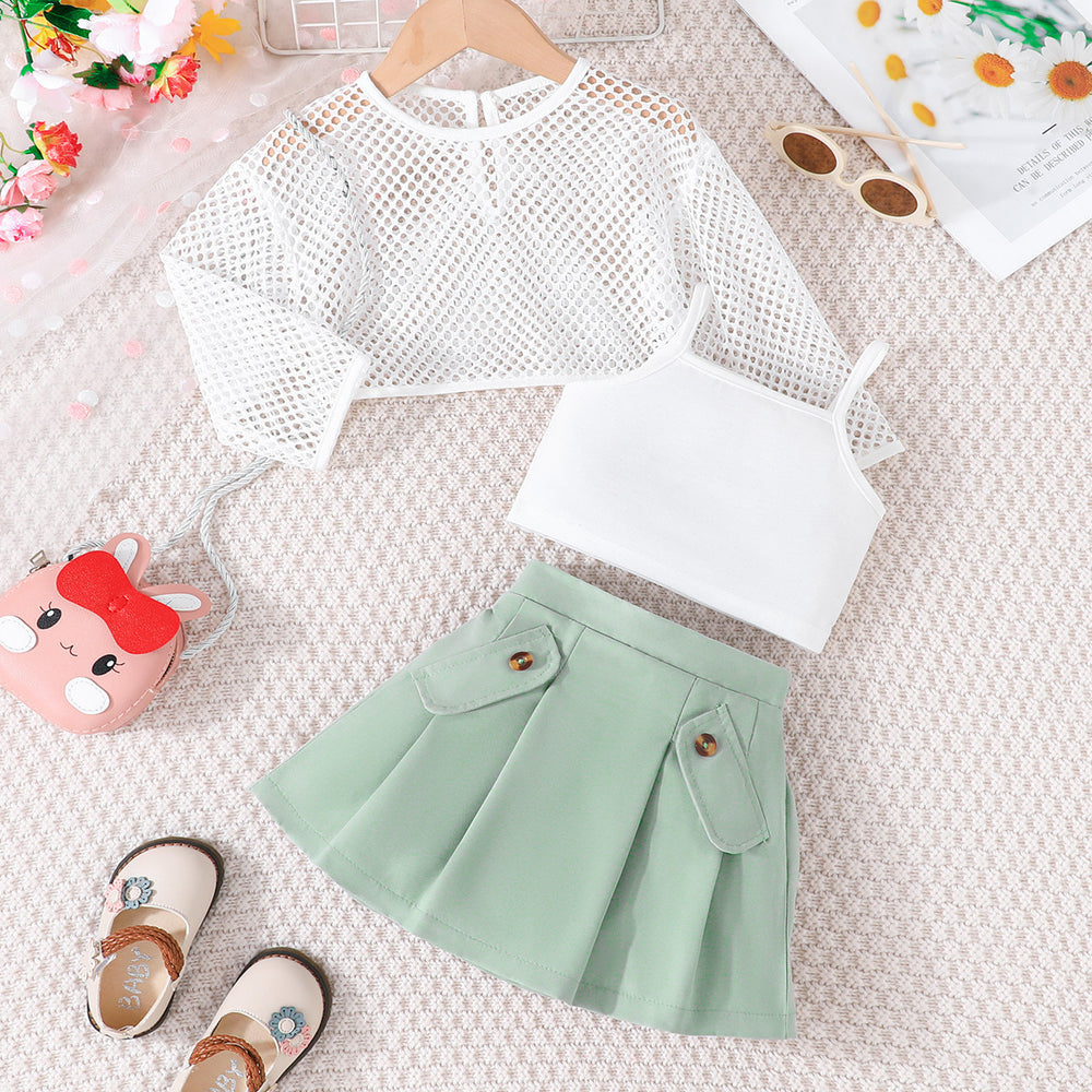 summer new girls' mesh long-sleeve top + cropped tank top + pleated skirt three-piece set - in stock