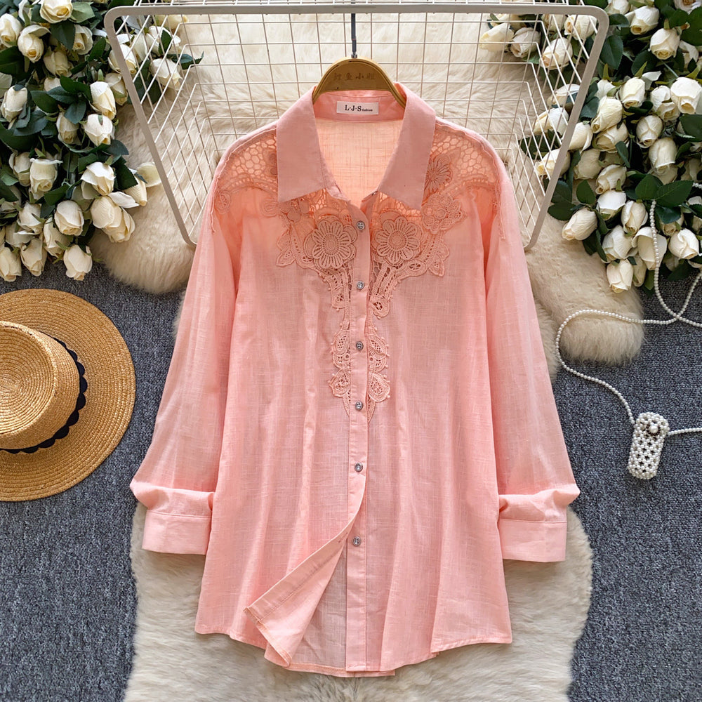 French chic embroidered cutout breathable shirt - women's long sleeve loose fit versatile commute cardigan - blue top