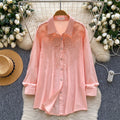 French chic embroidered cutout breathable shirt - women's long sleeve loose fit versatile commute cardigan - blue top