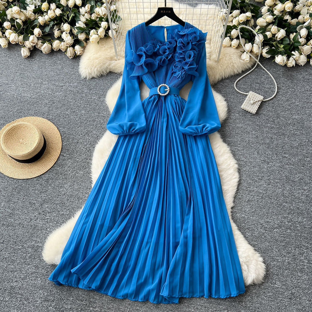 new arrival: exquisite, niche-style pleated dress with 3d lace, lantern sleeves, and tie-waist detail for a slimming and elegant silhouette
