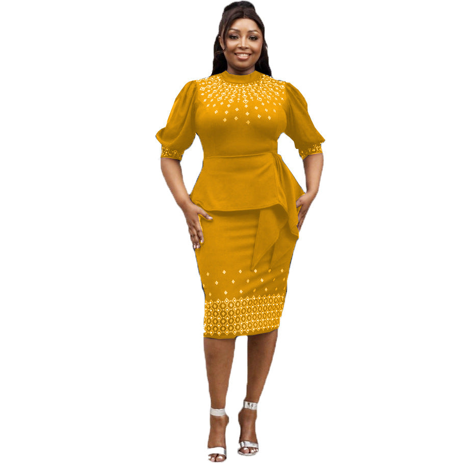supply of african women's clothing, waist bag, hip, fake two-piece lantern sleeves, mid-sleeve dress, hot diamond beads, classy