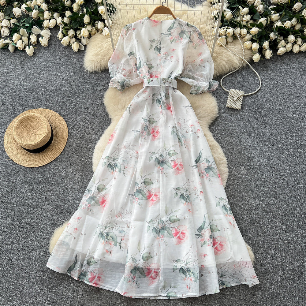 French romantic style printed tie-up dress - women's summer korean v-neck strappy short sleeve a-line maxi dress - elegant