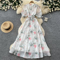 French romantic style printed tie-up dress - women's summer korean v-neck strappy short sleeve a-line maxi dress - elegant