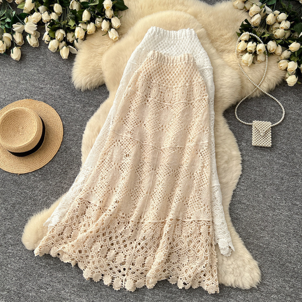 K-style heavy industry cut outknitting crochet skirt women's summerhigh waistslimming look a-line skirt tassel patchwork medium long