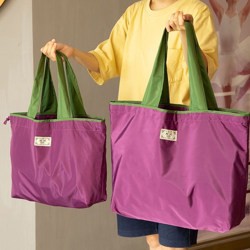 Solid color folding shopping bag, waterproof storage bag, portable supermarket grocery bag, large capacity drawstring, environmentally friendly handbag.