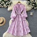 French retro court style heavy embroidered hollow-out round neck single-breasted lantern sleeve tie-waist elegant dress