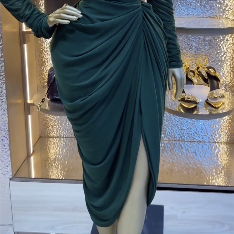 European and american cross-border women's fashion:  spring new arrivals - sexy and elegant v-neck slimming pleated midi dress