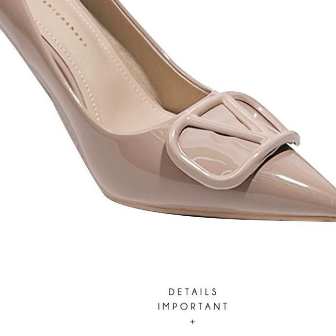 Nude high heels for women, 2024 new design, niche french style v-buckle pointed toe, elegant dress shoes, comfortable and non-slip