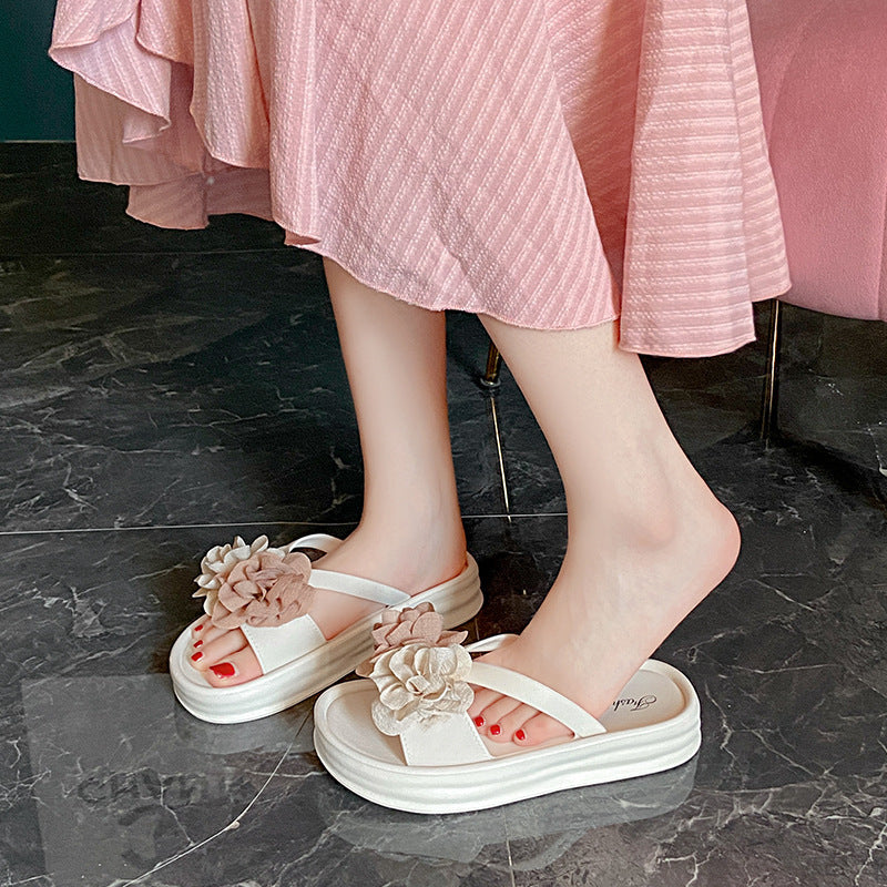 Women's platform slides - two-tone floral design, new summer collection, versatile fashion, flat, non-slip, student style, beach sandals