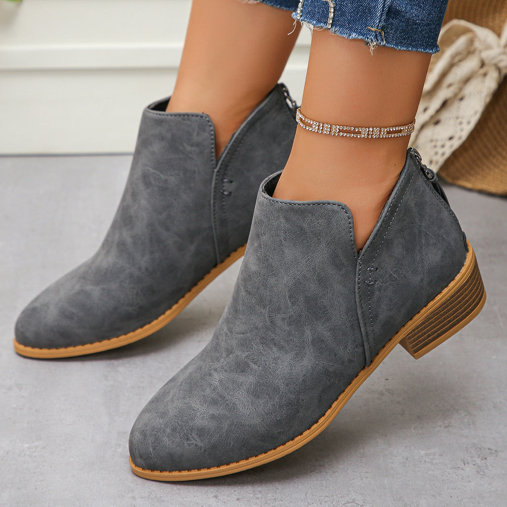 Fashionexportplus size leather boots women's boots pure colorslimming look pointed toe back zipper casualthick sole thick heel boots women's single
