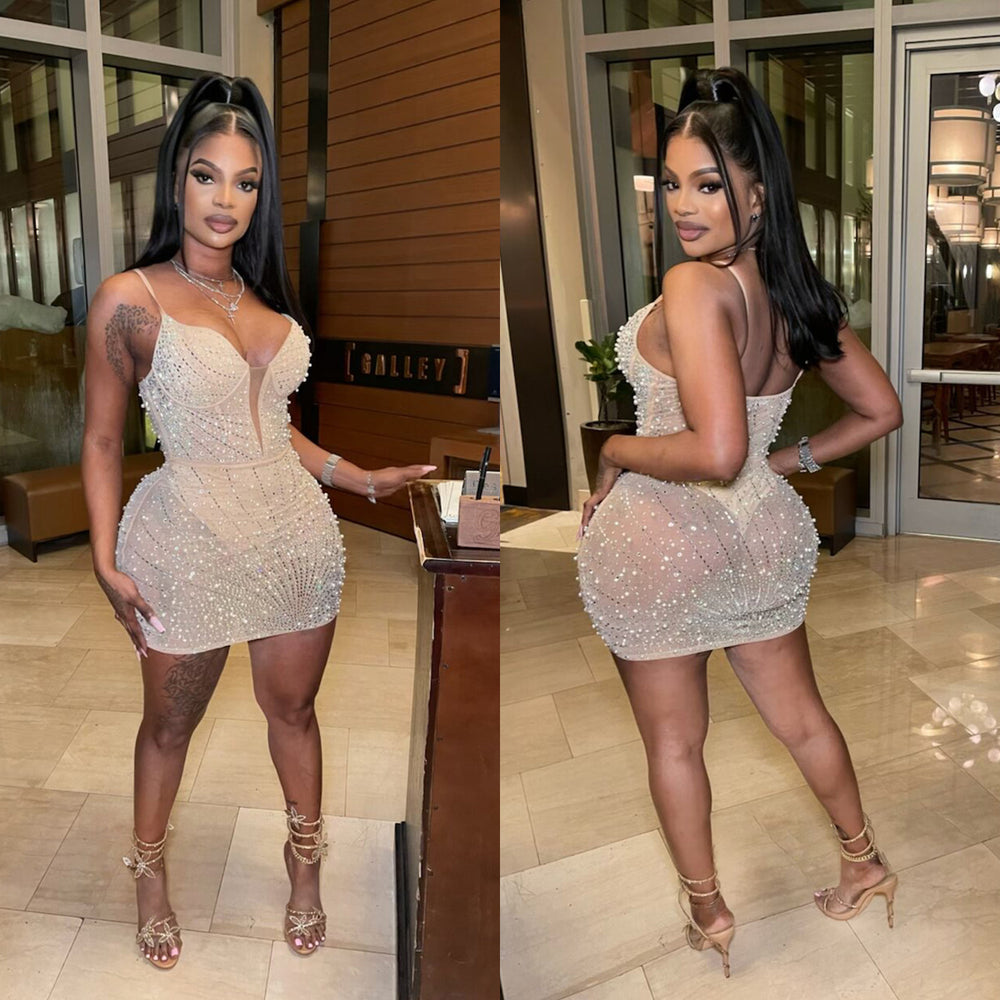 C6602   fashion women's solid color rhinestone mesh sleeveless cami mini dress