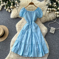 French chic one-shoulder bubble sleeve a-line dress - women's summer korean style short sleeve high waist slimming elegant dress