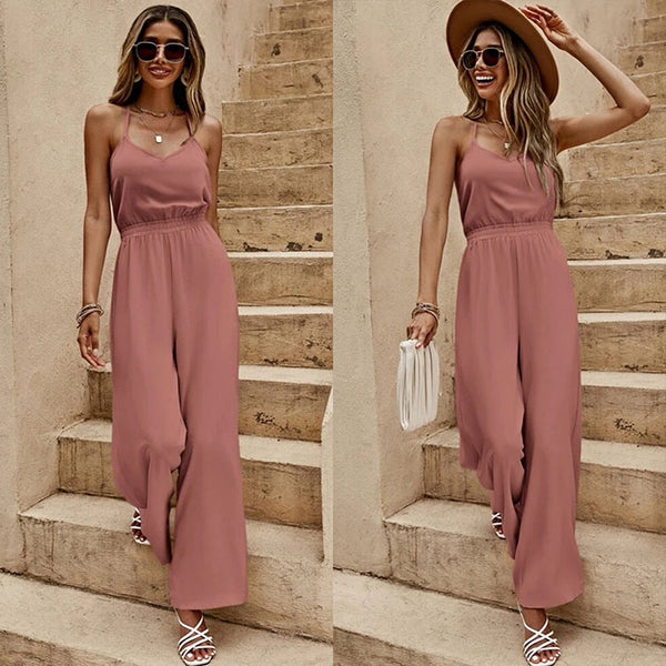Customized 2025 summer and autumn chiffon solid color loose sleeveless V-neck high-waisted lace-up high-end drape women's jumpsuit