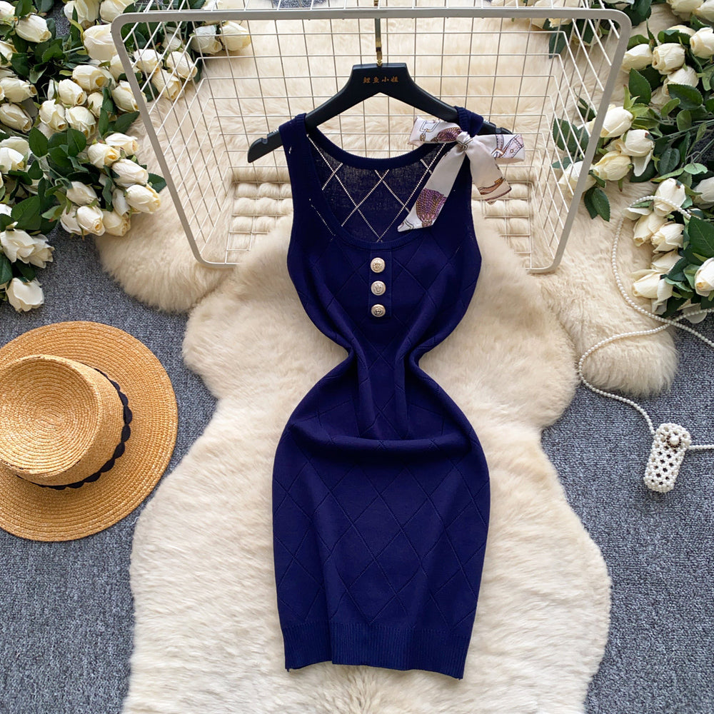 K-style u-neck sleeveless knittingeasiest for matchelegantdress women's summer lazy feeling silmslimming lookwork clothing a-line skirt