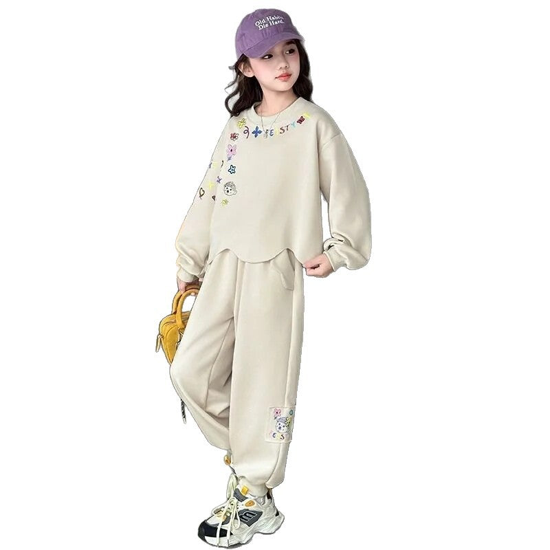 Girls' spring/autumn outfit set : korean style, new arrival, stylish cartoon hoodie and casual two-piece set for girls (mid-to-large size)