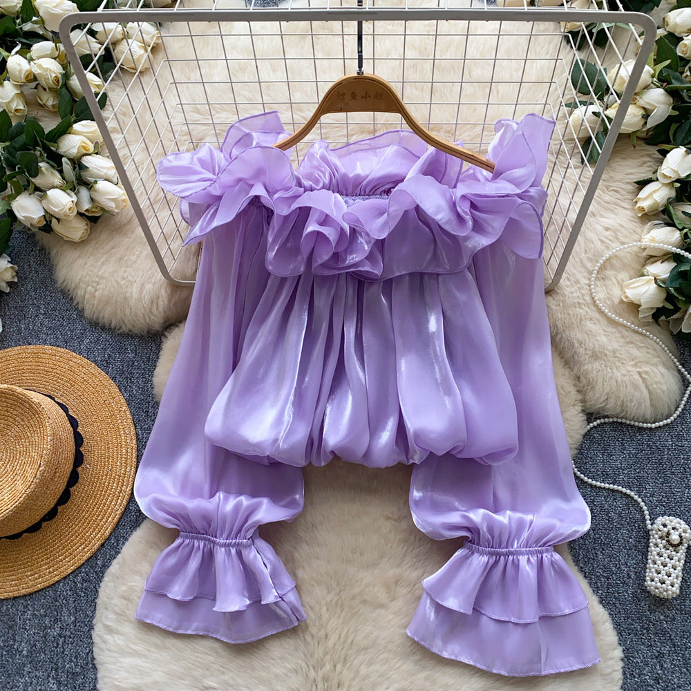 Sweet style one shoulder fungus chiffon shirt women's summerk-stylelong sleeveslooseslimming lookpinkeleganttops