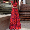 cross-border e-commerce european and american women's clothing: new summer collection - fashionable and elegant printed flutter sleeve high-waisted dress 661