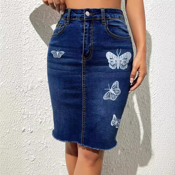 stepped into the denim hip skirt woman, the European and American trend printed denim skirt woman