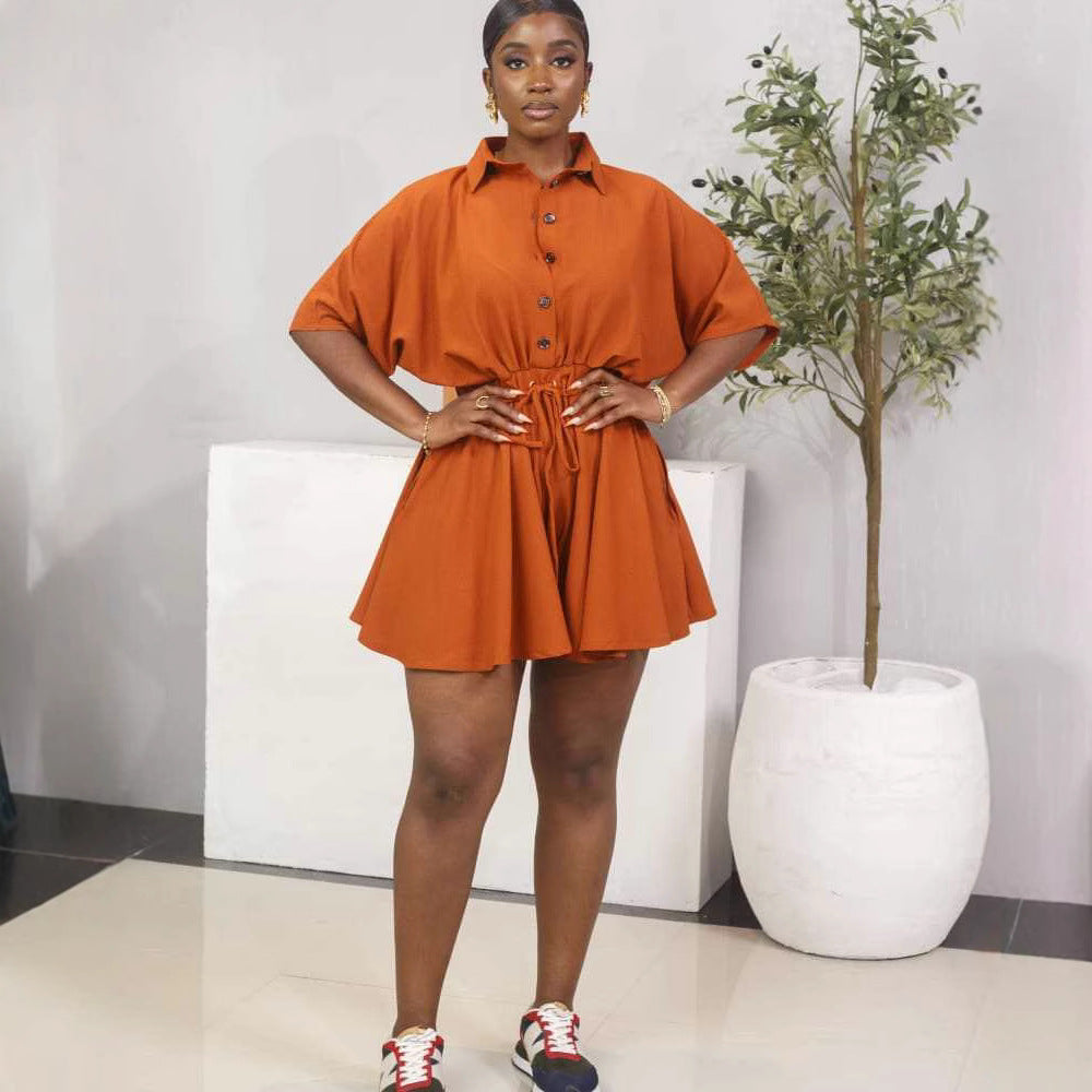 European and american cross-border women's fashion:  autumn/winter new collection - solid color short-sleeve shirt collar, cinched waist, drawstring, elegant dress