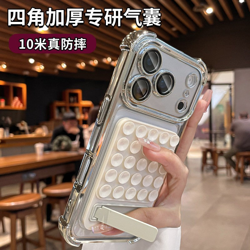 Suitable for iphone 17 pro max phone case, electroplated four-corner shockproof silicone suction cup kickstand case, also compatible with iphone 16