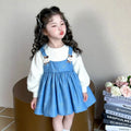 kids' fashion korean style dress - girls' round neck long sleeve cartoon print suspender faux two-piece patchwork dress