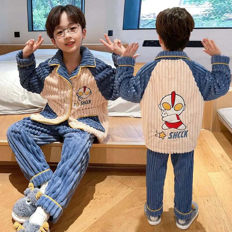 Boys' cartoon superman pajama set - warm, thickened winter loungewear for toddlers, young children, and older boys