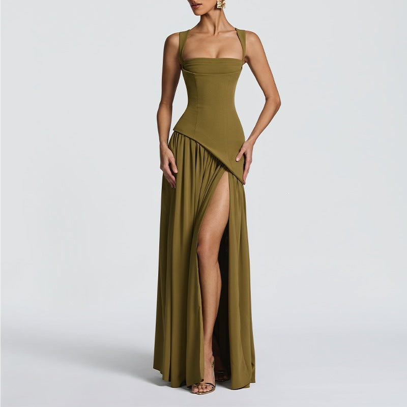 summer new arrivals: cross-border fashion women's clothing - elegant & sexy backless pleated slit cami dress