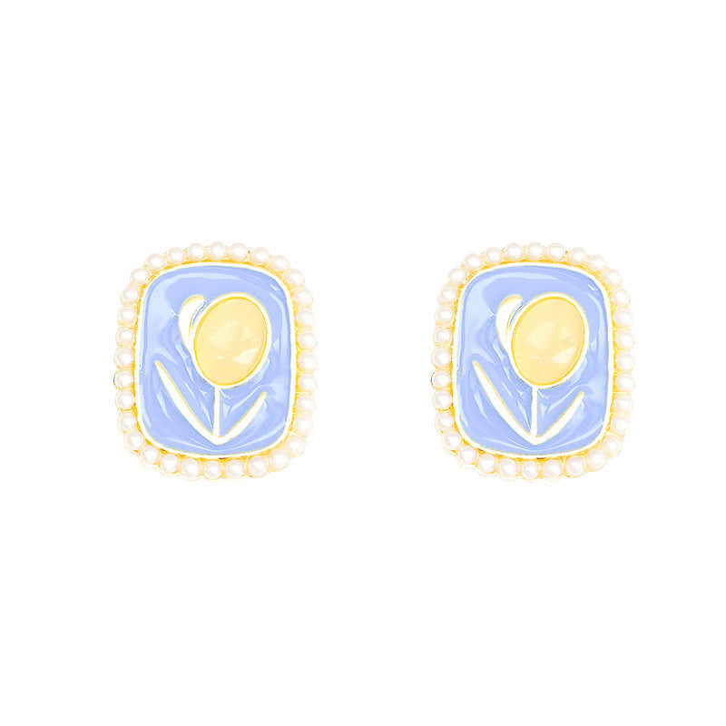 Blue tulip flower stud earrings with pearl accents - women's luxury, high-end, elegant earrings - new 2026 bestseller