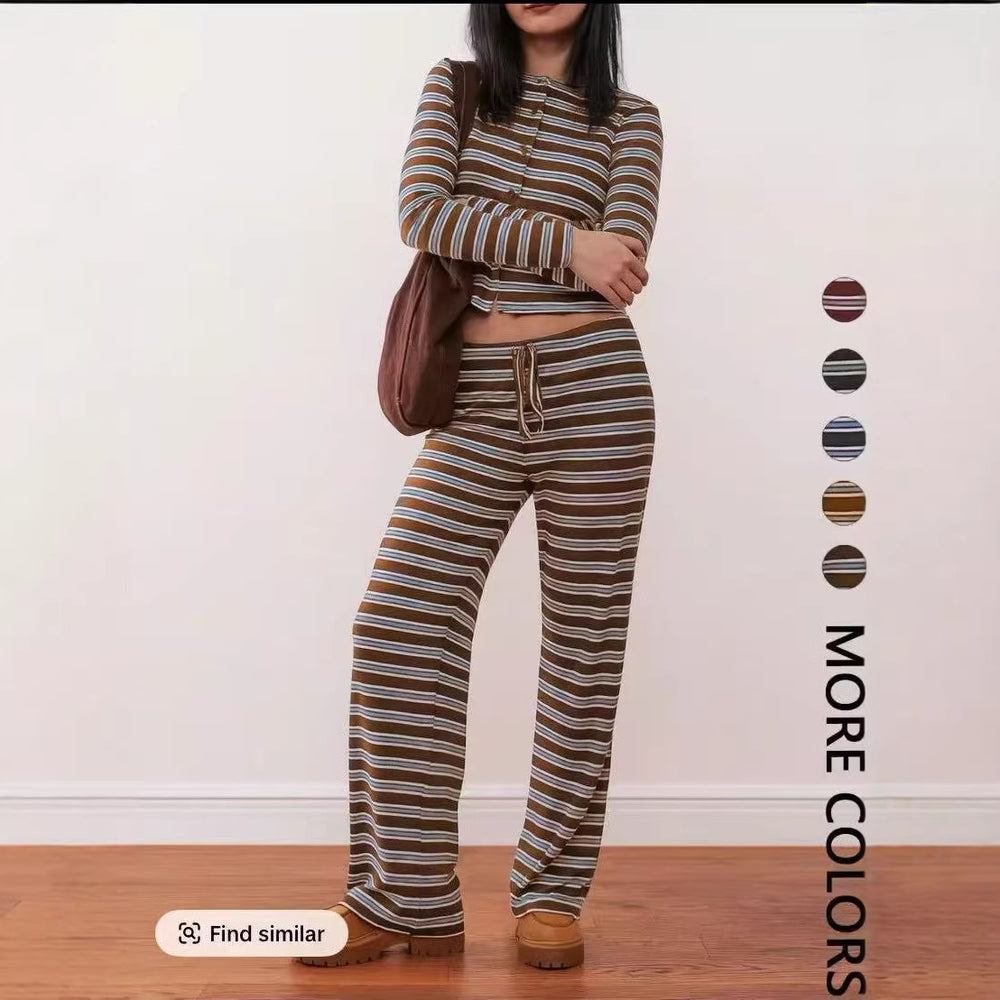 fashionplaidcasualstripes single-breasted long sleevescardiganpantssuit for women