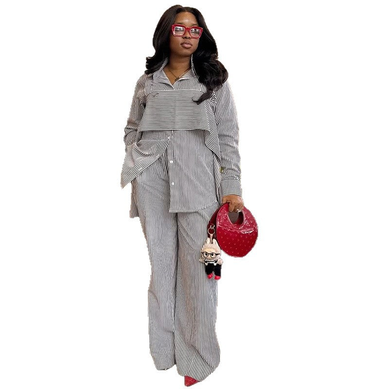 European and american cross-border women's fashion:  autumn new collection - stylish striped long-sleeve shirt and wide-leg pants set