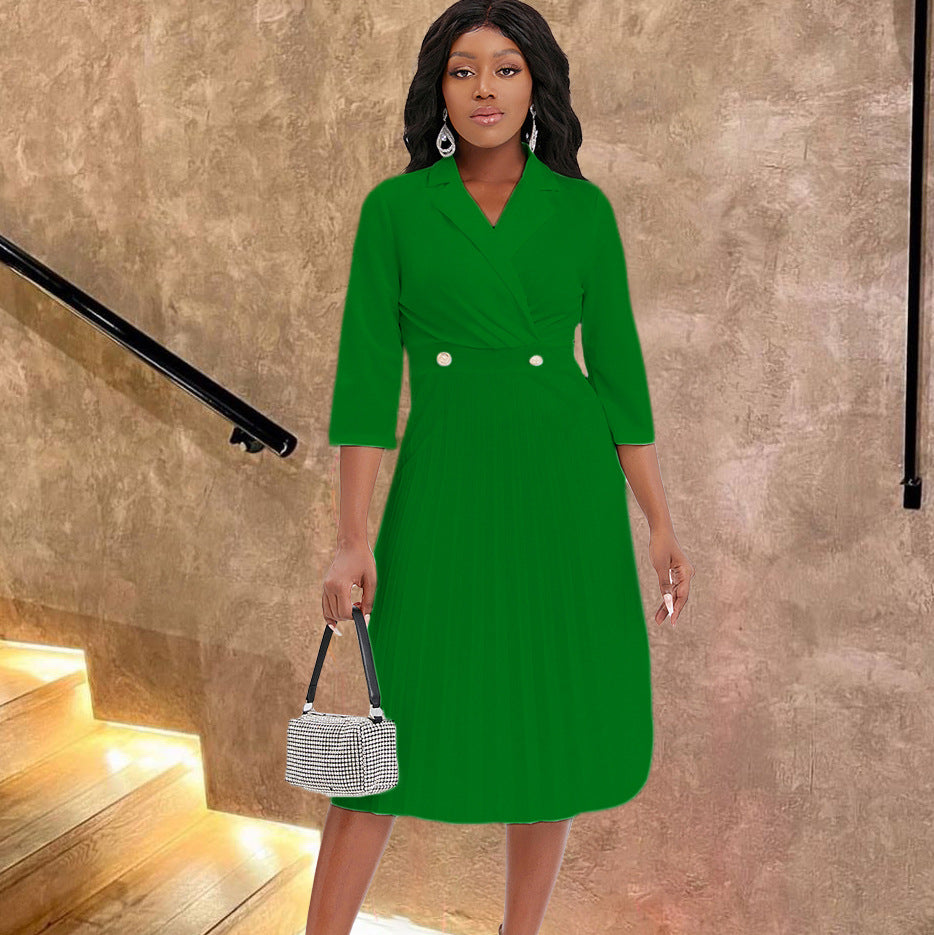 D286 european and american plus size women's clothing  autumn/winter new arrival - blazer collar solid color elegant pleated african-inspired cross-border dress