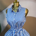 European and american women's clothing  autumn new sweet and fresh striped turn-down collar sleeveless high-waisted slimming shirt dress maxi dress