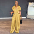 European and american women's clothing  autumn new collection: sweet and fresh blazer collar short sleeve shirt & high-waisted straight-leg pants two-piece set
