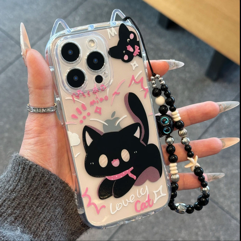 Cute and practical slim-fit black cat phone case for apple 15, new cat ear protective cover for iphone 16 pro max