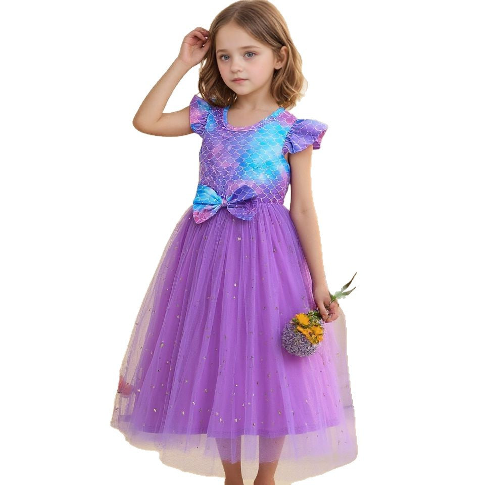 Girls' dress, fish scale flutter sleeve mesh dress