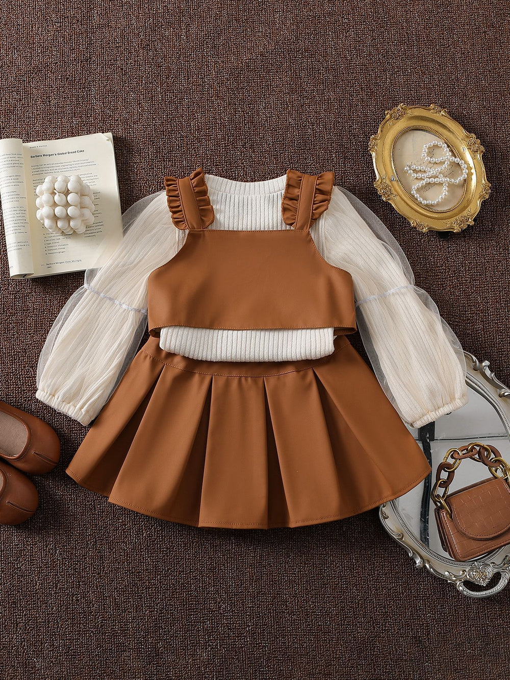 autumn new girls' preppy style mesh knit base layer top with leather vest + pleated leather skirt three-piece set