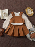 autumn new girls' preppy style mesh knit base layer top with leather vest + pleated leather skirt three-piece set