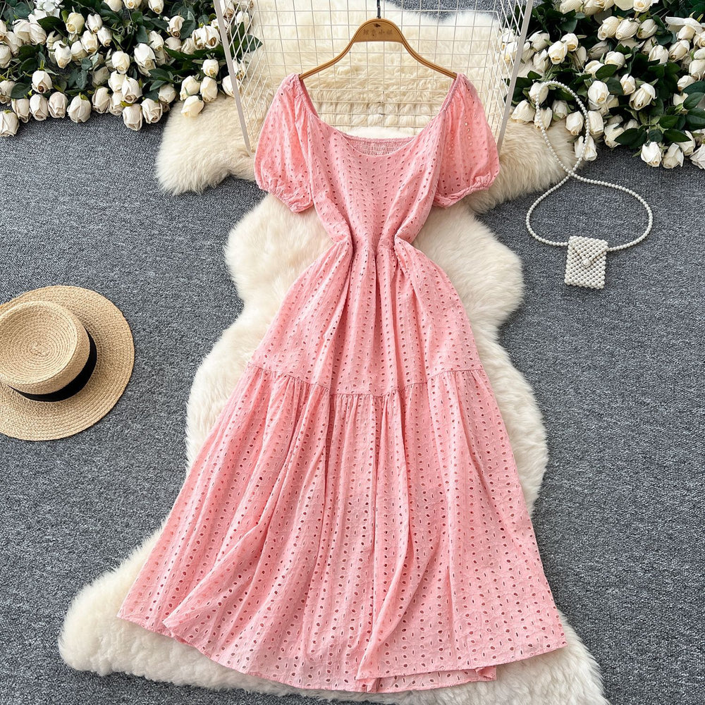 French chic embroidered cutout square neck puff sleeve dress - women's slimming, figure-flattering, elegant vacation maxi dress