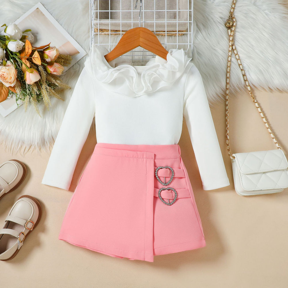 European and american autumn new girls' outfit: off-the-shoulder lace-trimmed long-sleeve top + asymmetrical skirt-pants two-piece set