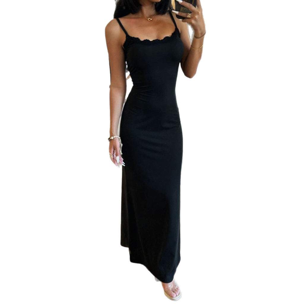 sexy European and American style women's clothing solid color lace splicing casual long dress square neck square neck suspender dress summer